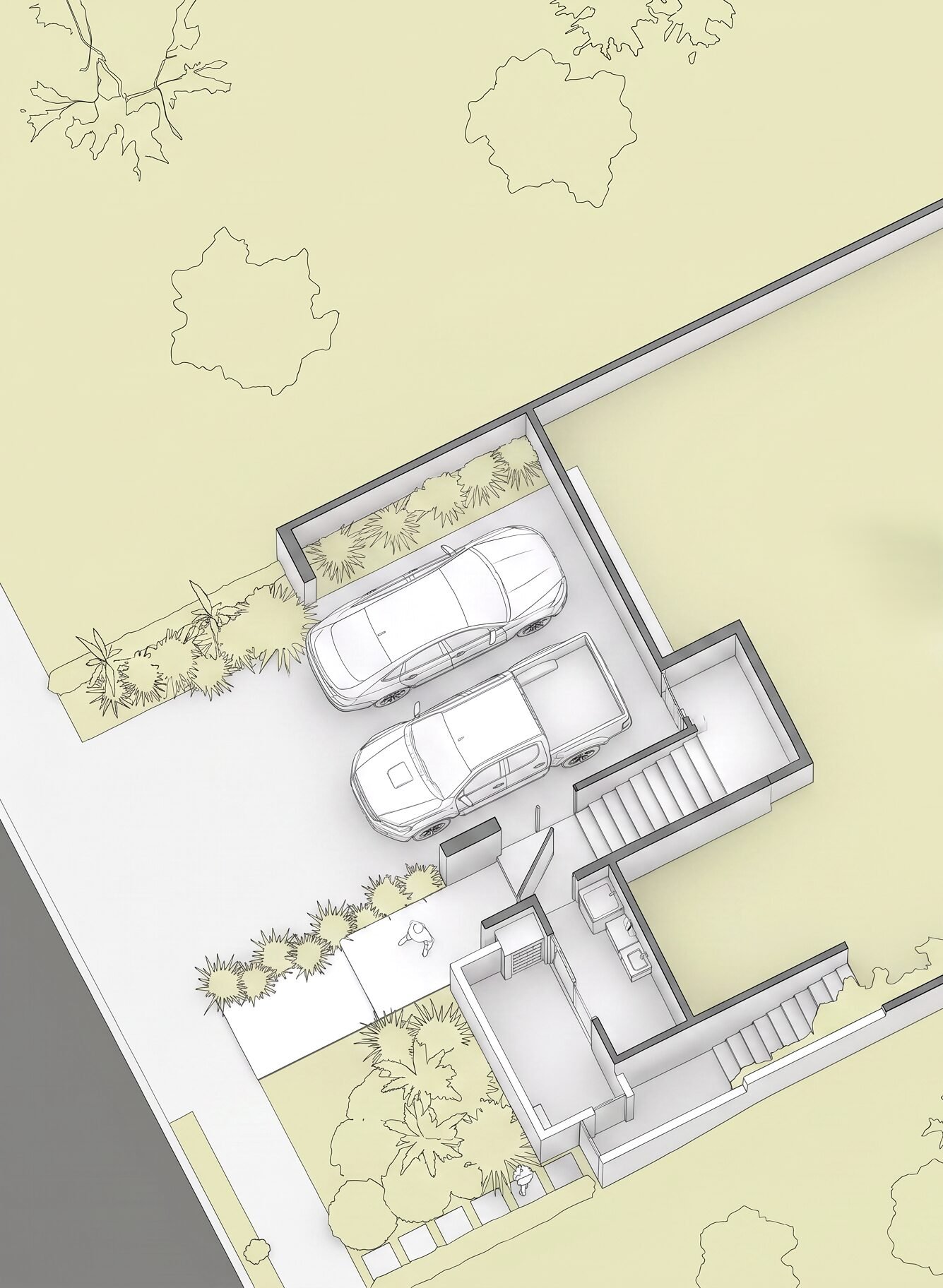 Casa NL — Adamantina: planta baixa 3d garagem — projeto de arquitetura residencial