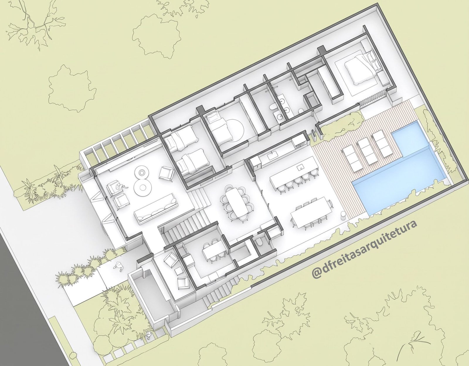 Casa NL — Adamantina: planta baixa 3d geral — projeto de arquitetura residencial