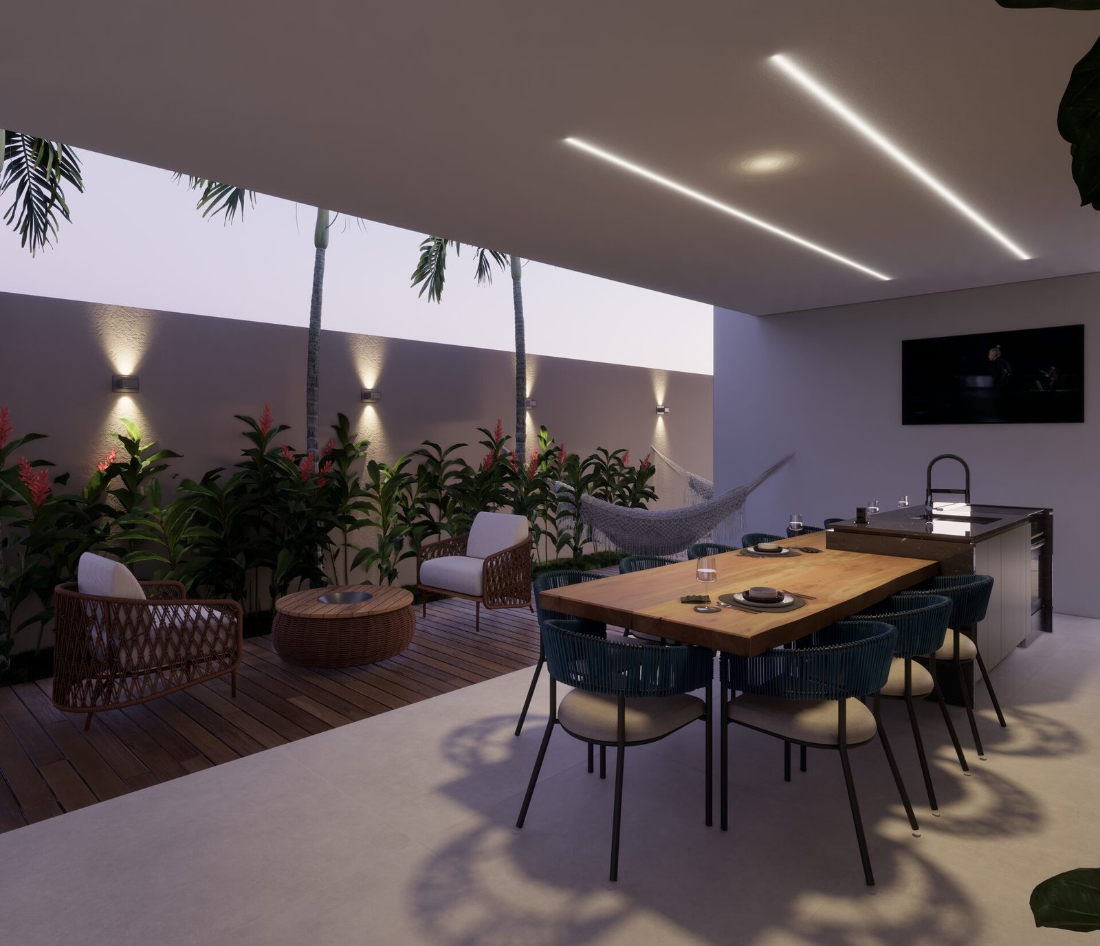 Casa RM — Adamantina: area gourmet jantar render — projeto de arquitetura residencial