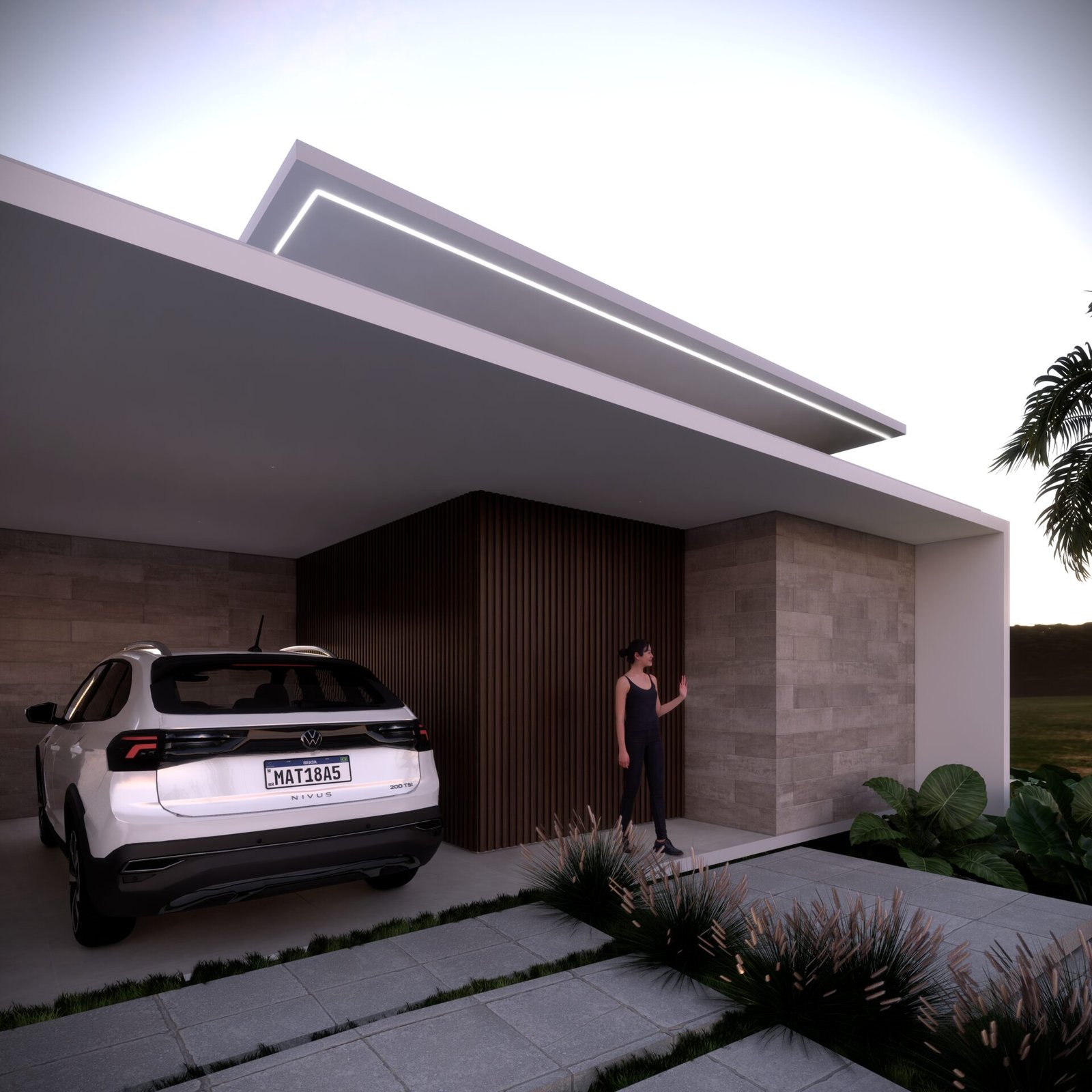 Casa RM — Adamantina: carport entardecer render — projeto de arquitetura residencial