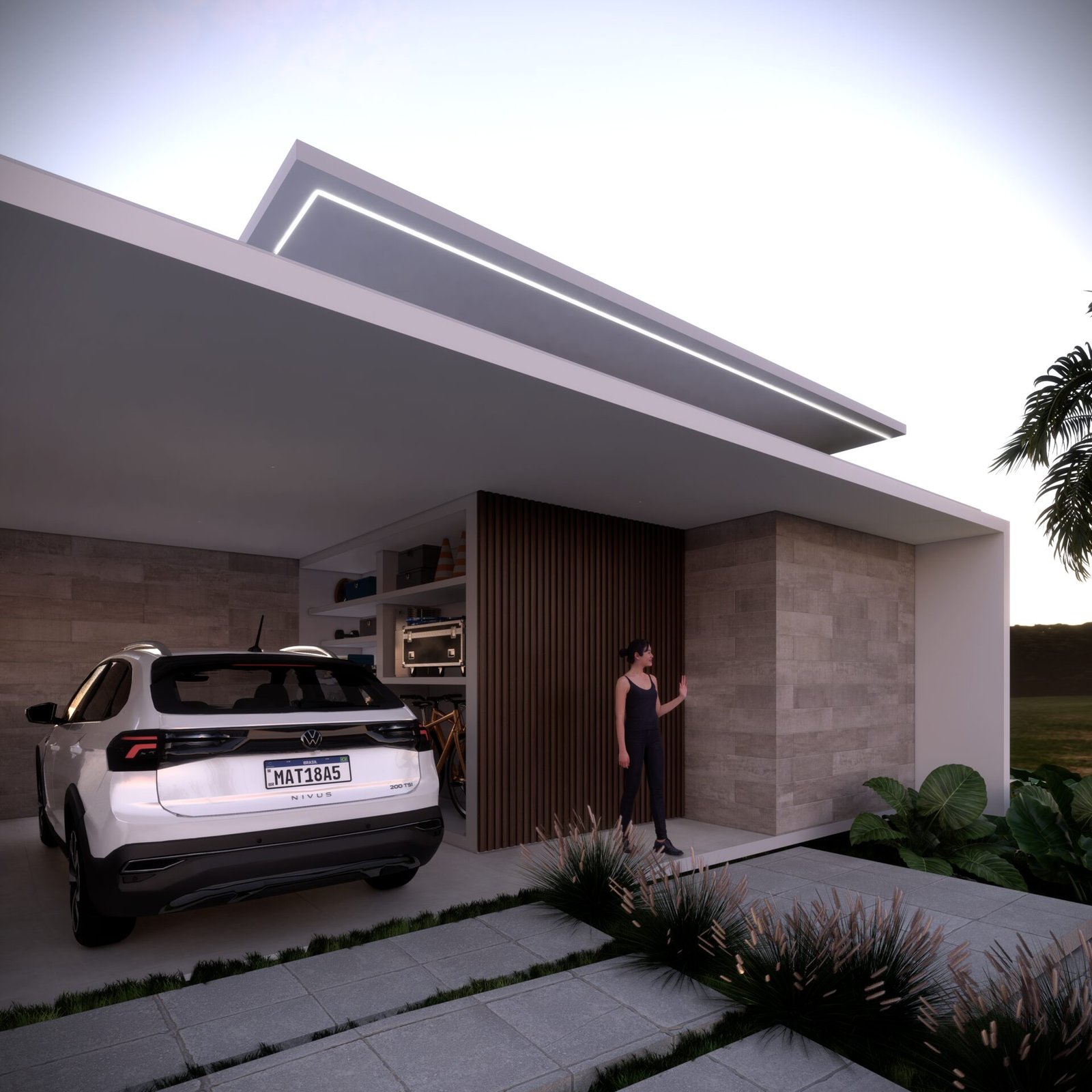 Casa RM — Adamantina: garagem bicicletas render — projeto de arquitetura residencial