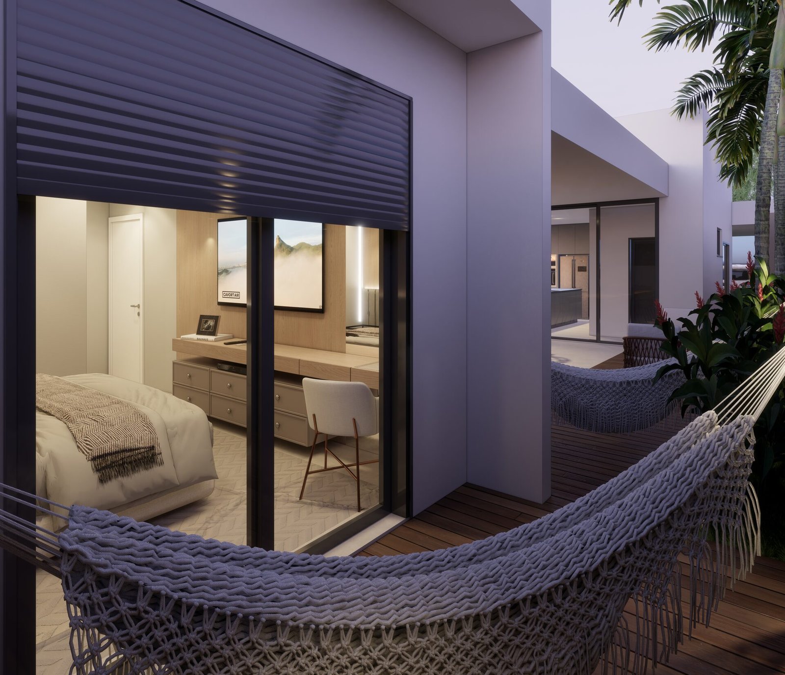 Casa RM — Adamantina: suite rede varanda render — projeto de arquitetura residencial