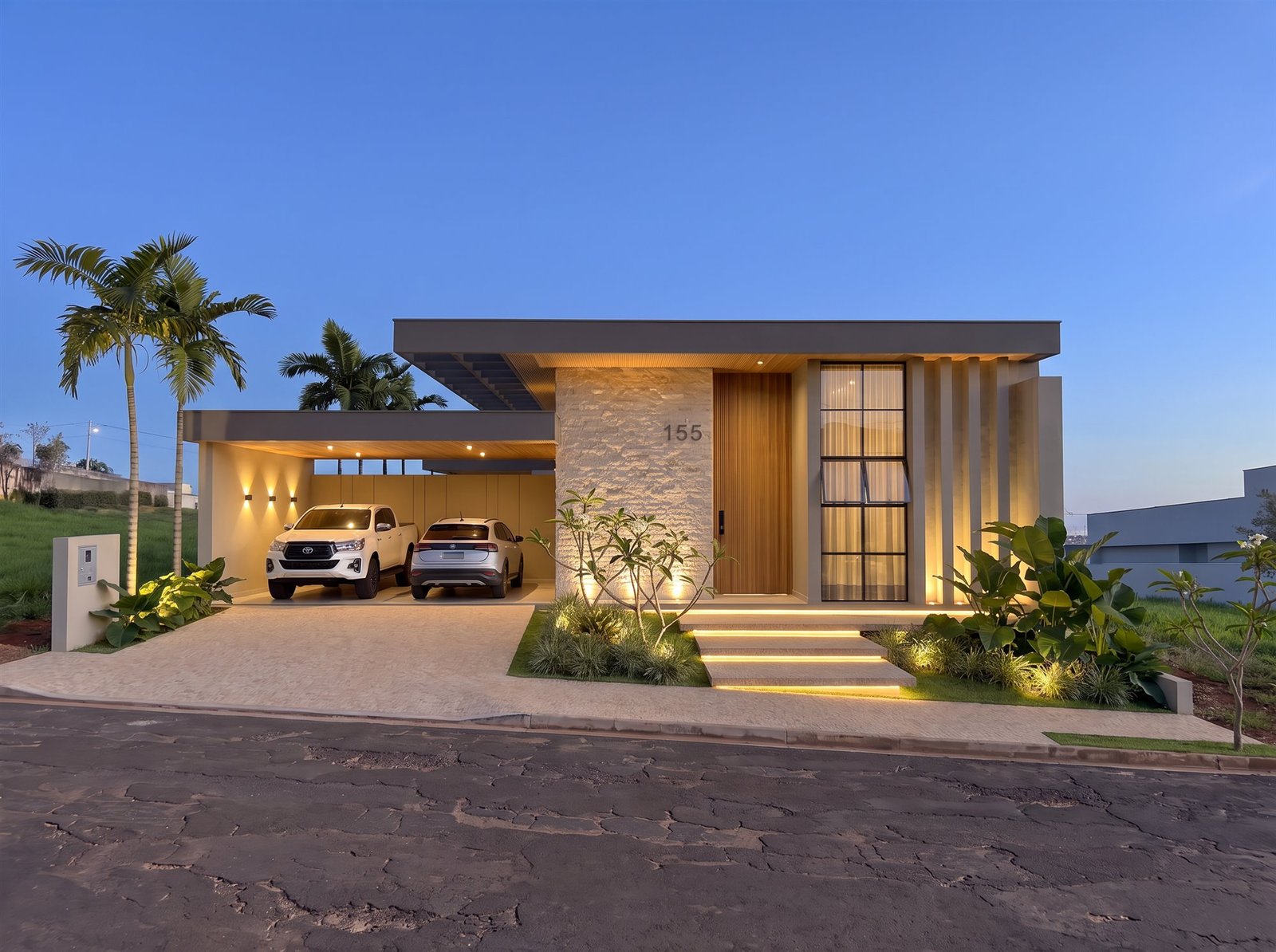 Casa RP — Adamantina: fachada ao entardecer — projeto de arquitetura residencial