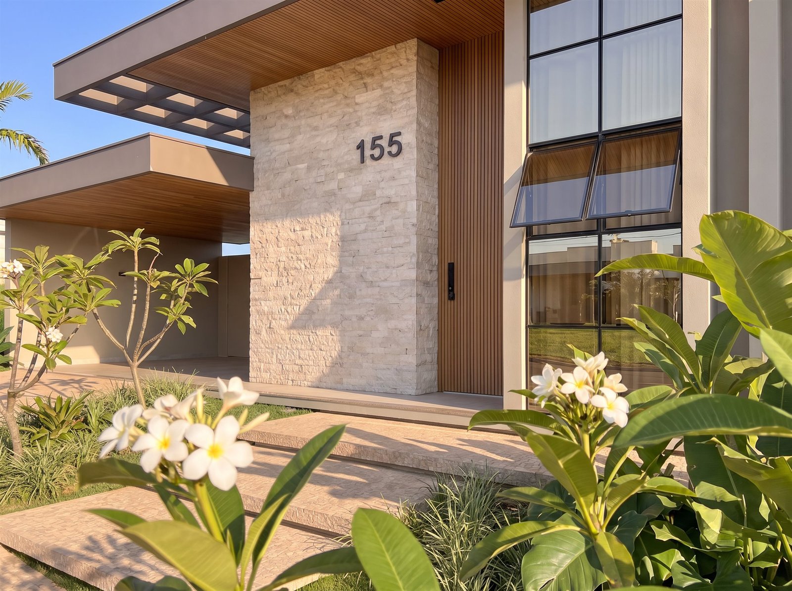 Casa RP — Adamantina: entrada, pedra e esquadria vertical — projeto de arquitetura residencial