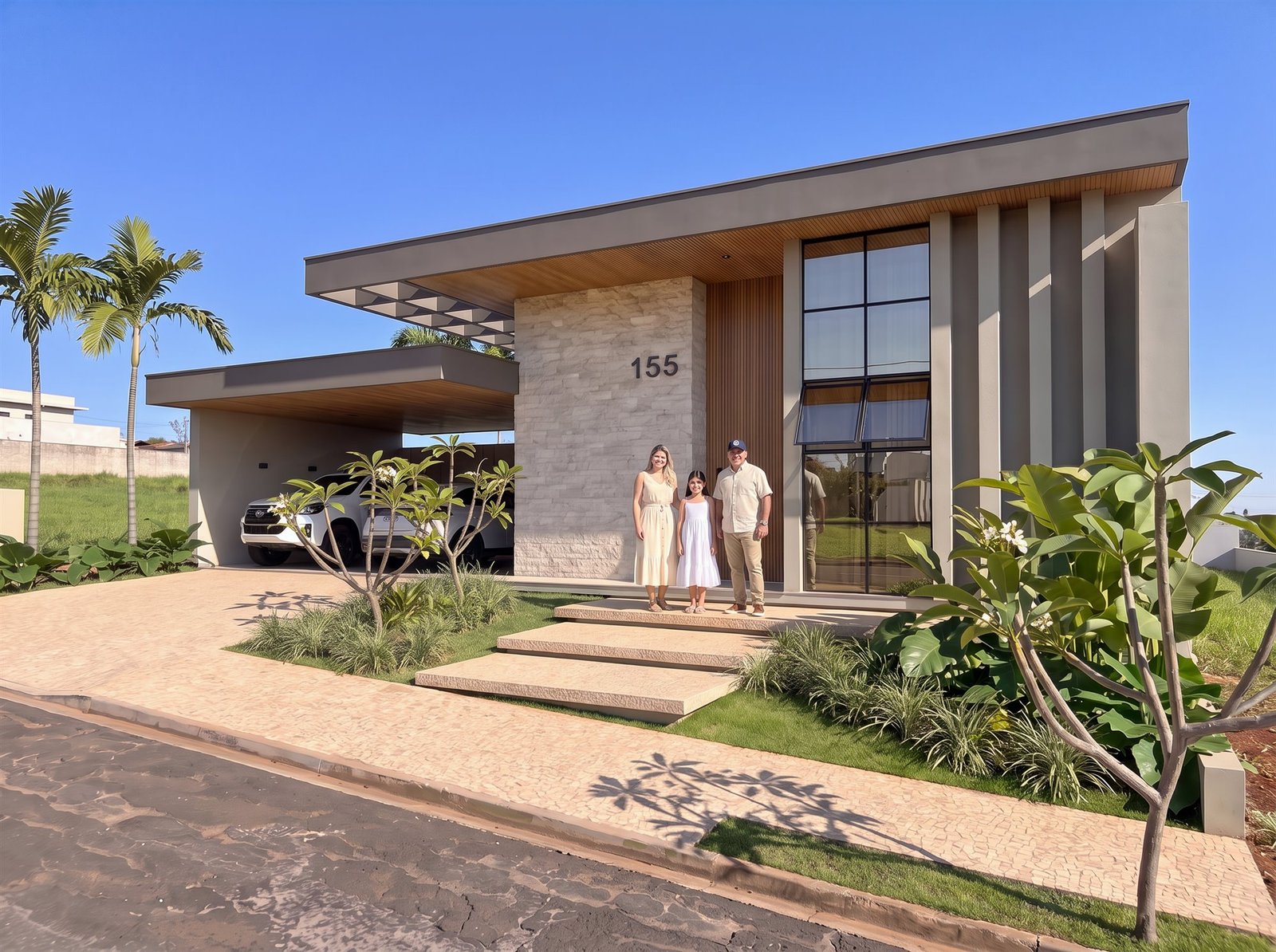 Casa RP — Adamantina: fachada frontal com a família — projeto de arquitetura residencial