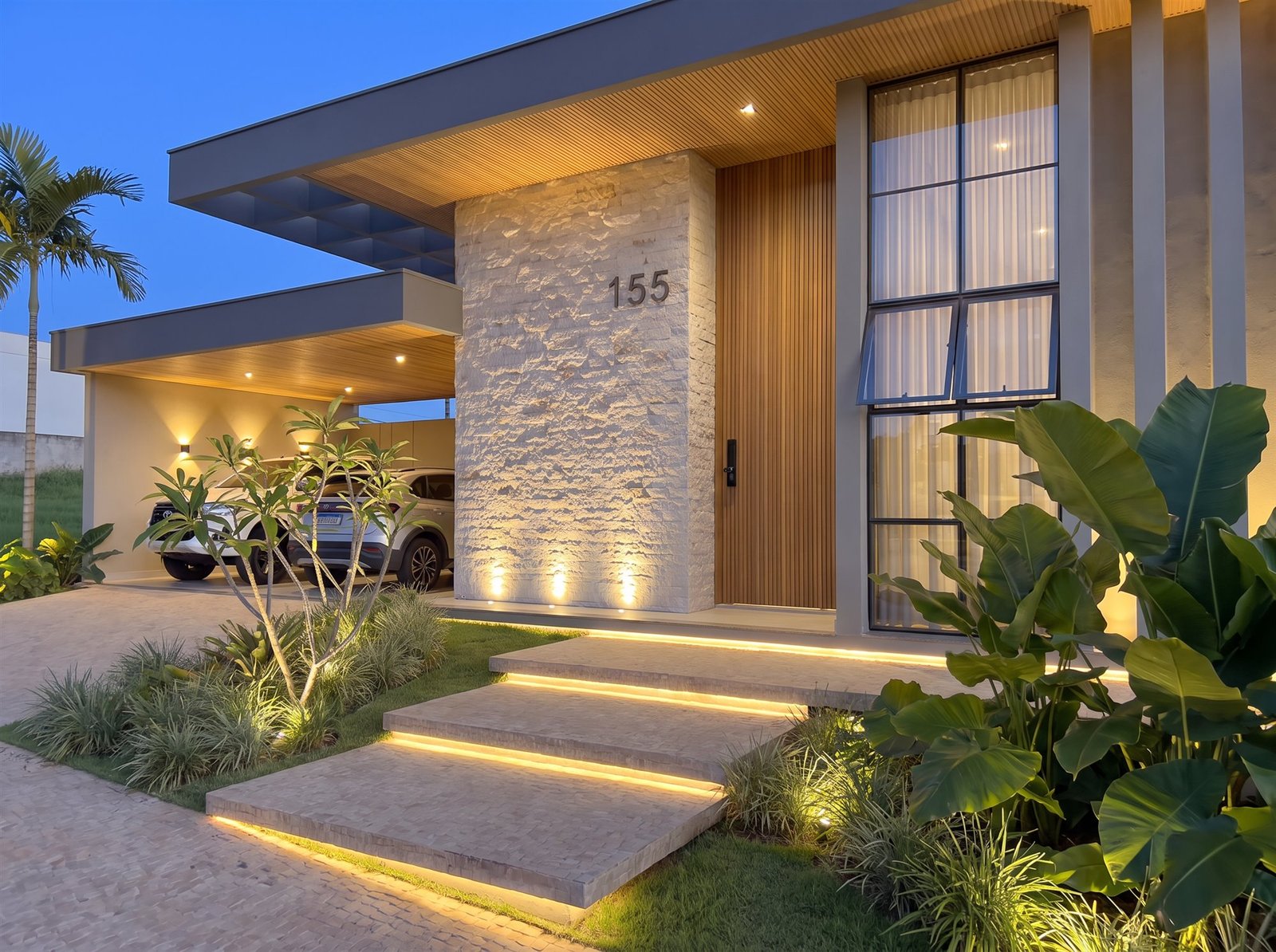 Casa RP — Adamantina: entrada iluminada ao entardecer — projeto de arquitetura residencial