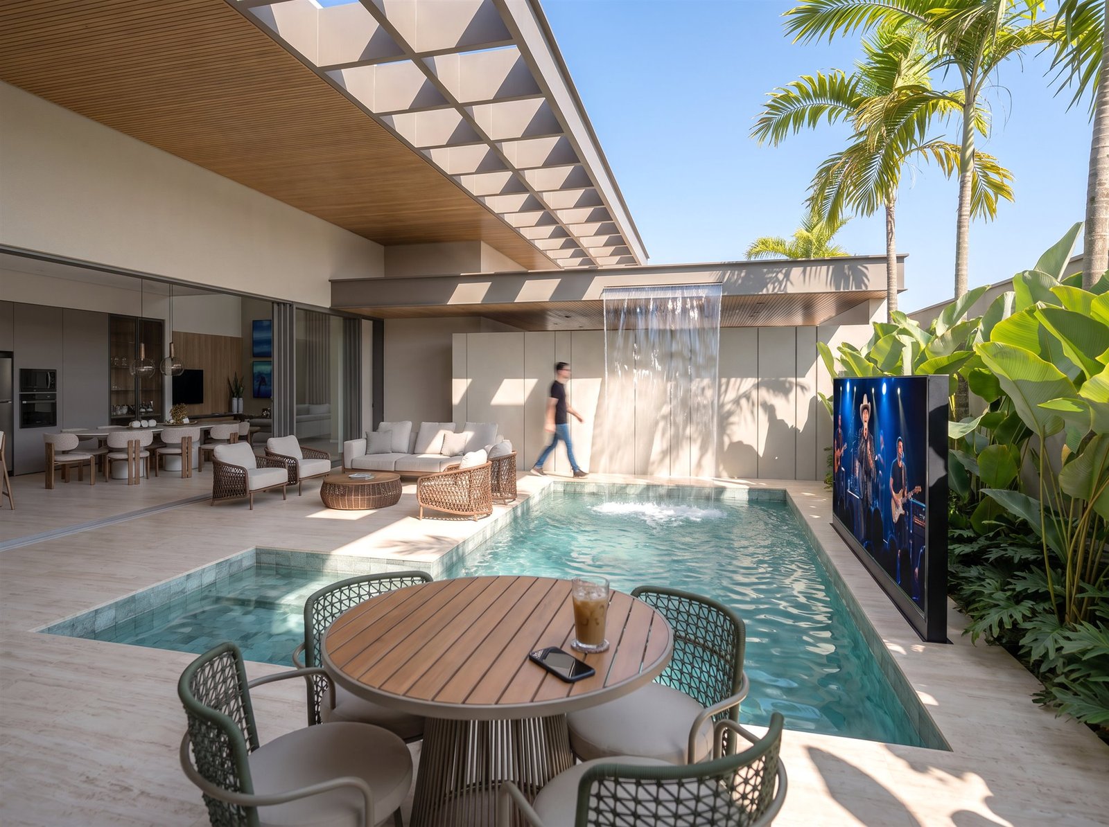 Casa RP — Adamantina: piscina, cascata e área social — projeto de arquitetura residencial