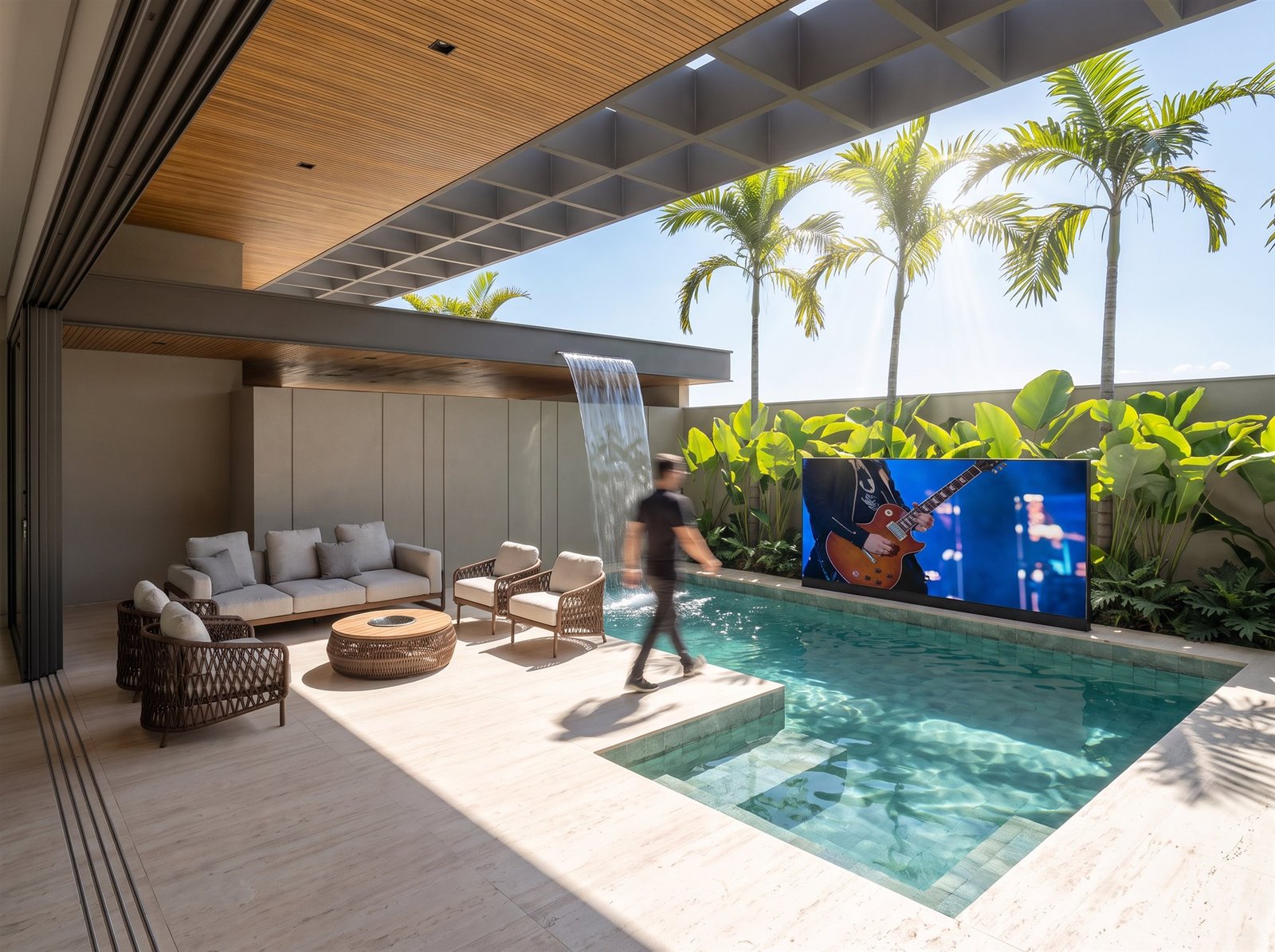 Casa RP — Adamantina: piscina, cascata e luz natural — projeto de arquitetura residencial