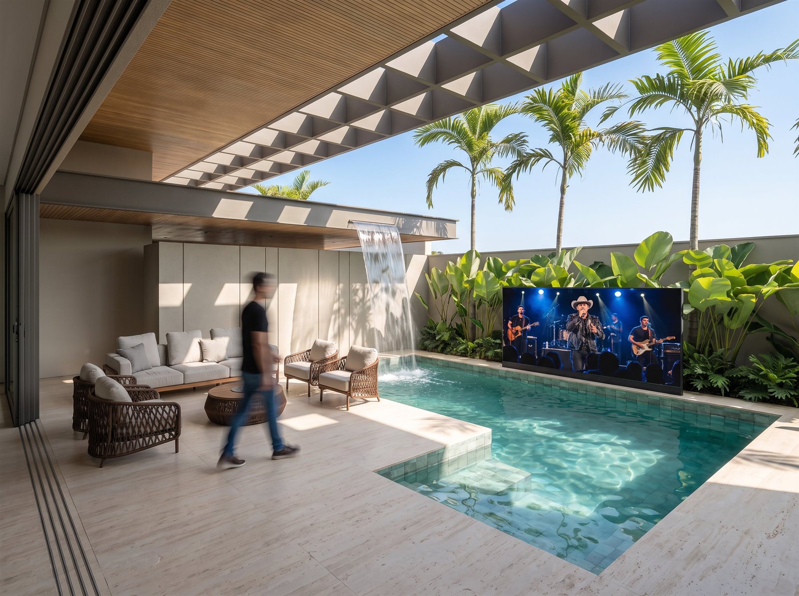 Casa RP — Adamantina: varanda, piscina e painel externo — projeto de arquitetura residencial