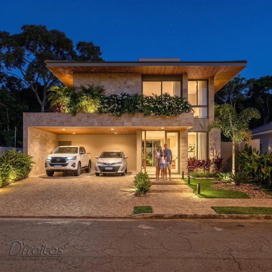 Casa TN em Limeira, 2025 — projeto de arquitetura residencial, fachada em pedra iluminada à noite