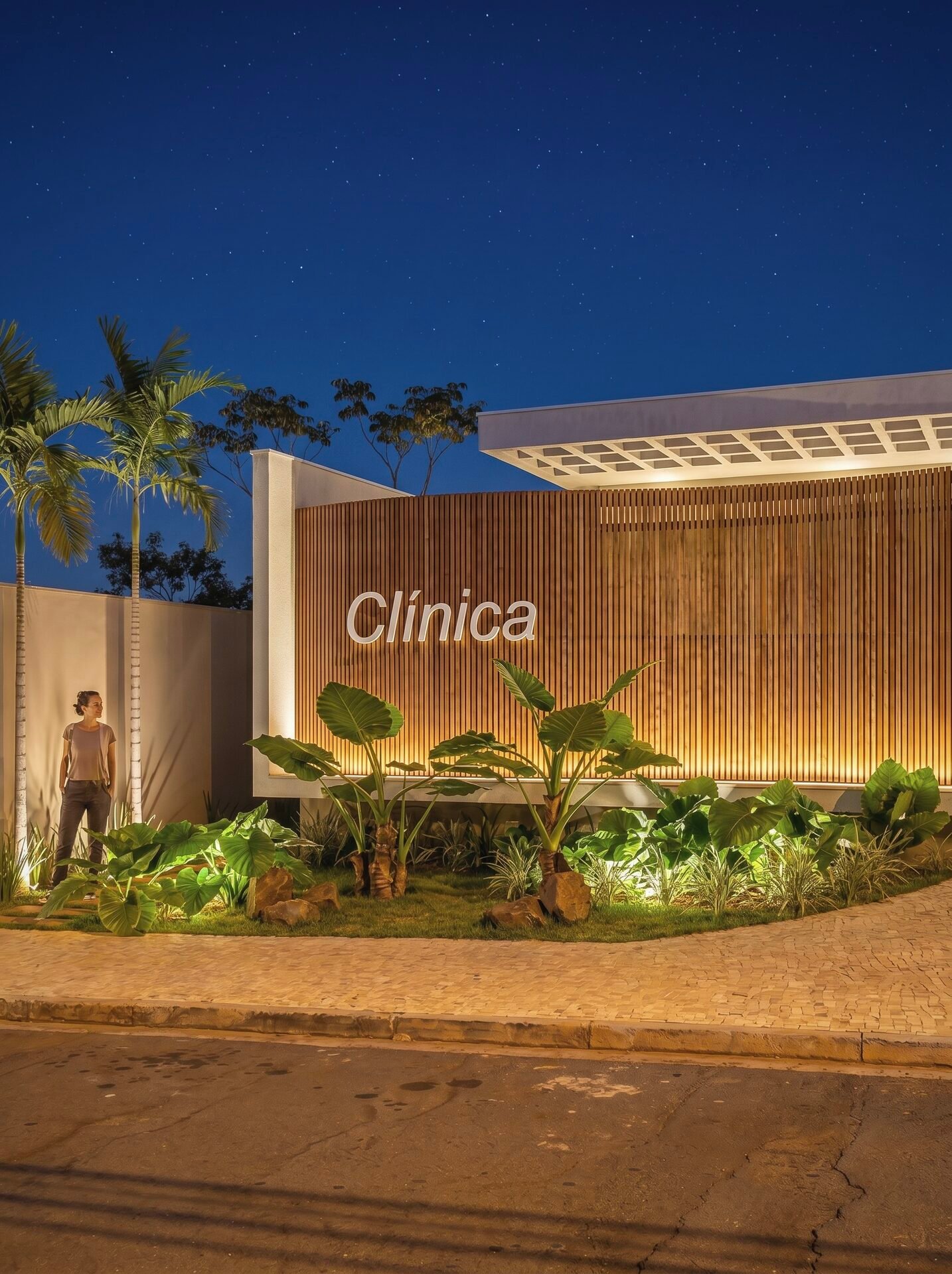 Clínica DW em Adamantina, 2025 — projeto de arquitetura comercial, fachada em brise ripado de madeira iluminada à noite