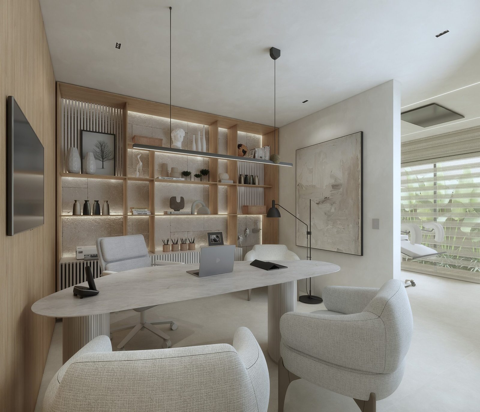 Clínica Integrata — Adamantina: render de decoração da sala de reunião — projeto de arquitetura comercial