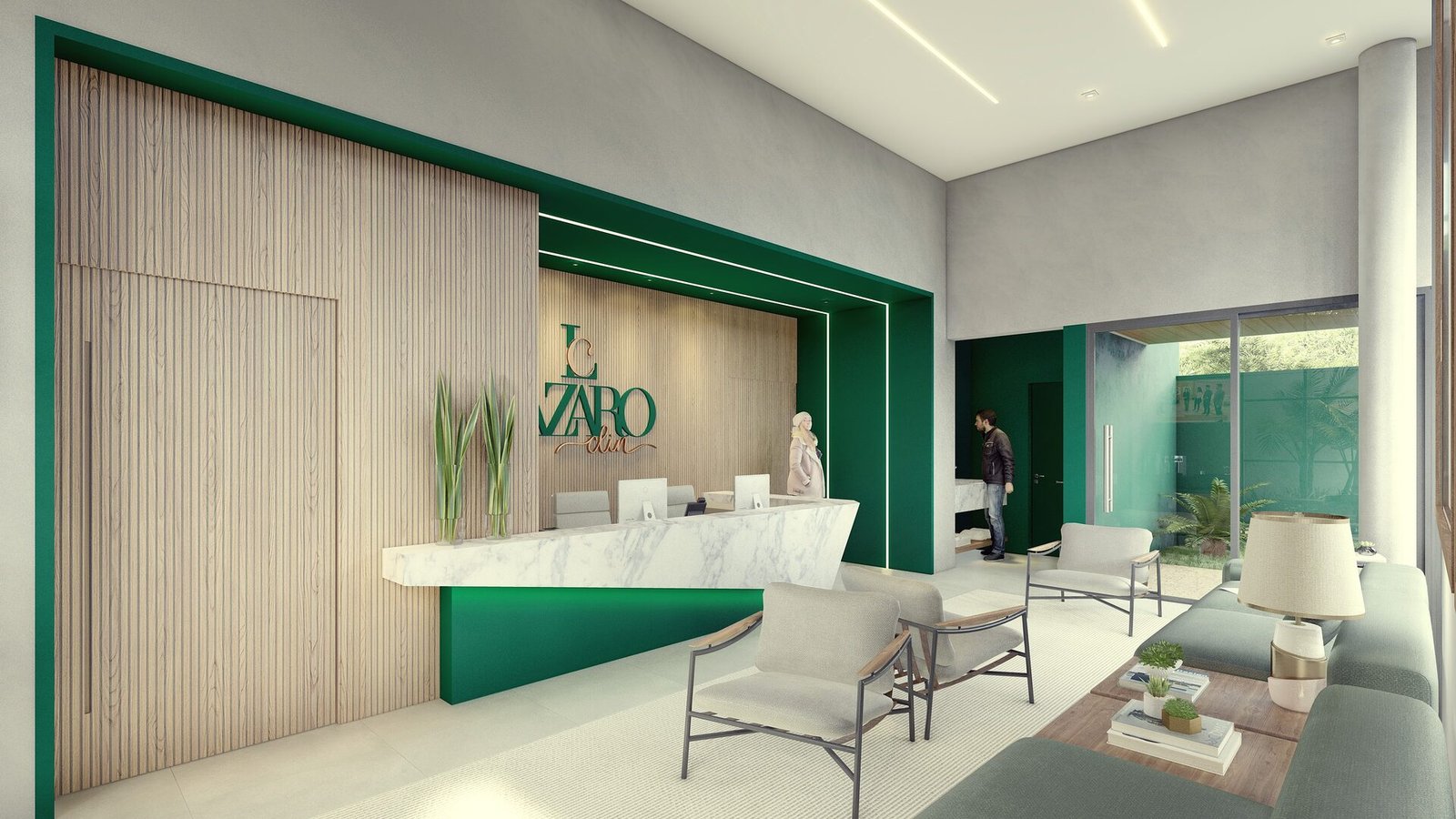 Clínica Lázaro — Osvaldo Cruz: recepcao balcao marmore — projeto de arquitetura comercial
