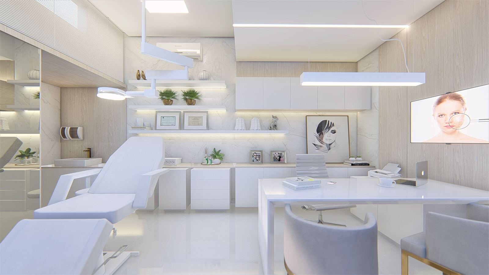 Consultório Dermatologista Nara Hosoume — Adamantina: render atendimento — projeto de arquitetura interiores