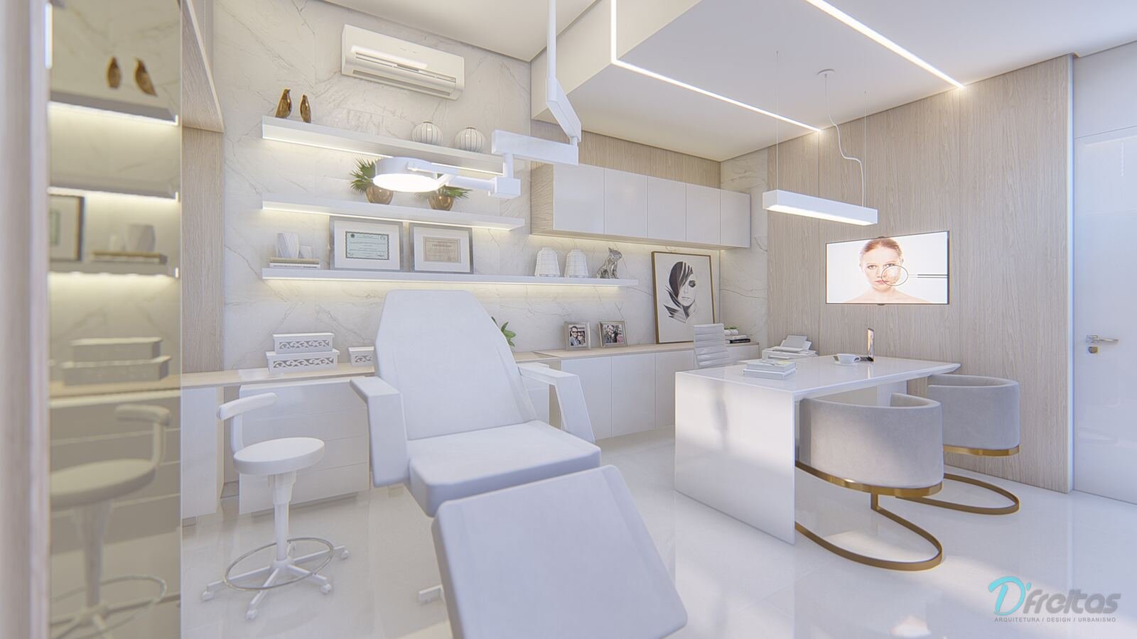 Consultório Dermatologista Nara Hosoume — Adamantina: render mesa poltronas — projeto de arquitetura interiores