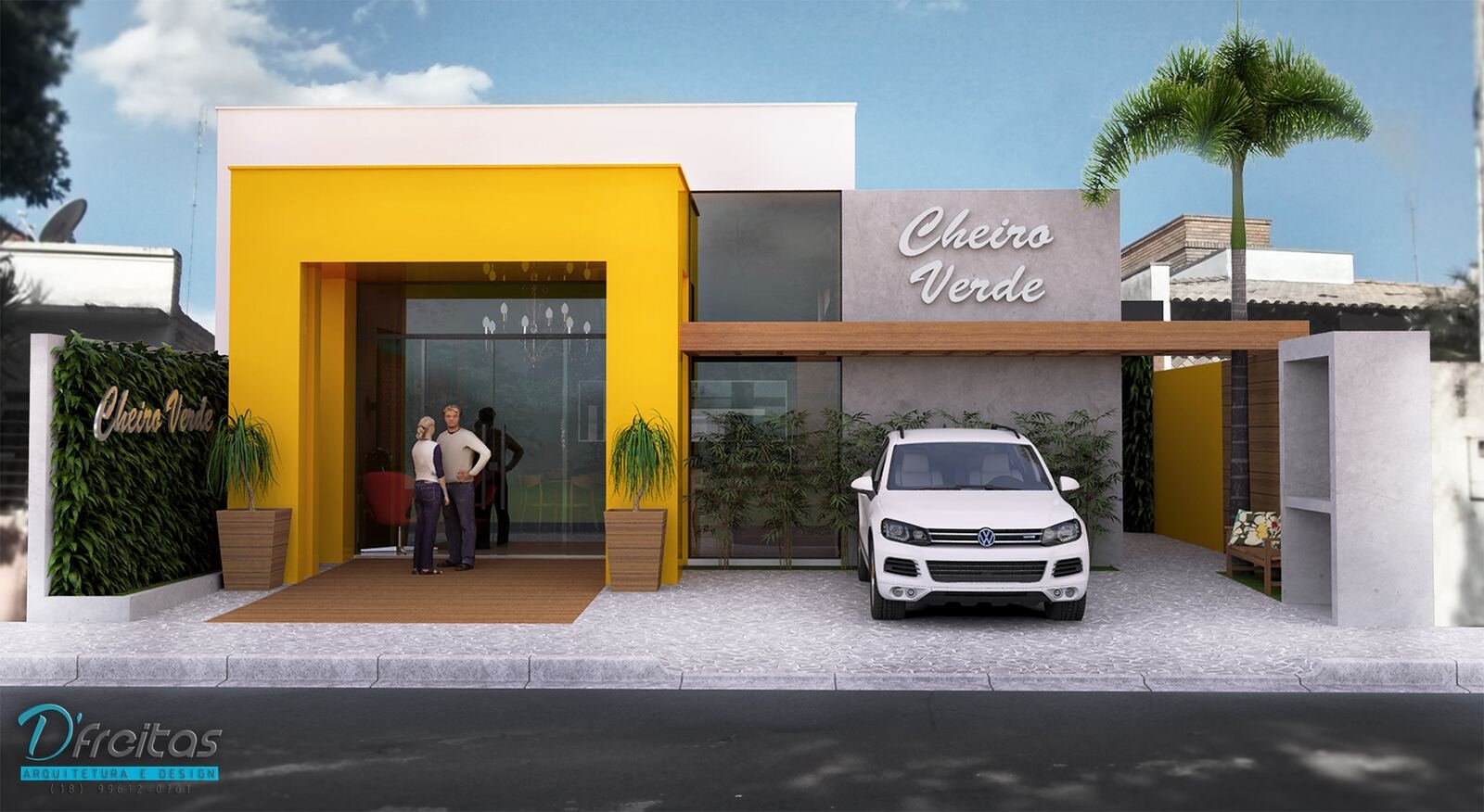 Restaurante Cheiro Verde em Adamantina — projeto de arquitetura comercial, fachada amarela e cinza